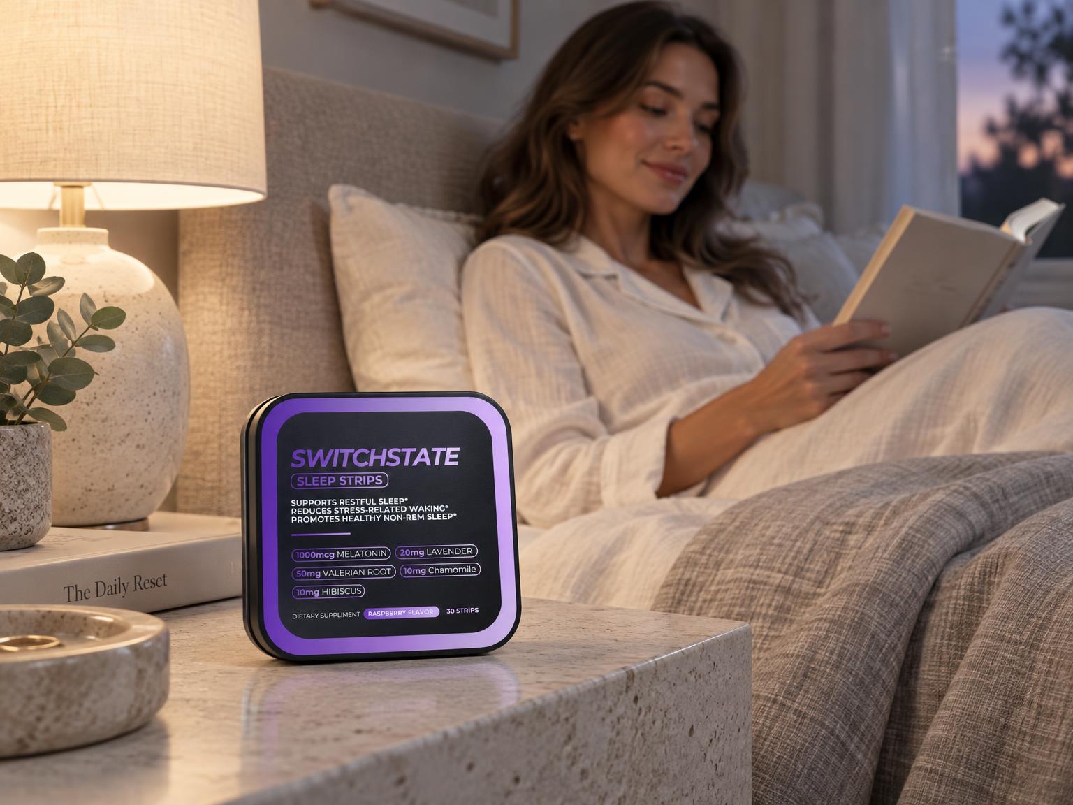 SwitchState Sleep Strips on a bedside table during an evening reading routine